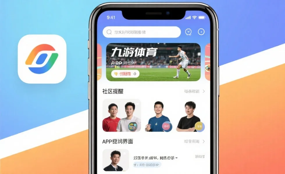 手机屏幕展示九游体育APP赛事提醒与社区互动界面，几位用户正在积极评论和互动